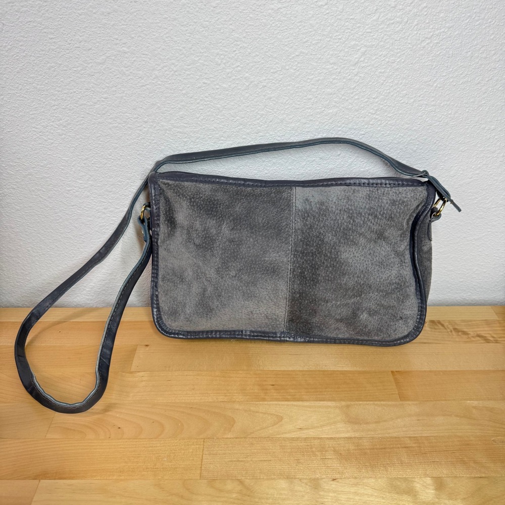 VTG Grey Suede Leather Crossbody Bag Made in Hong Kong Minimalist‎ Rectangular